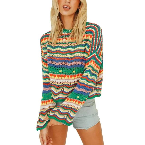 Women Crochet Knit Pullover Sweater Striped Round Collar Y2k Crop Top Autumn Casual Pullover - Wa... | Walmart (US)