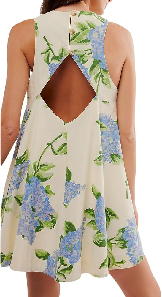 Floral Sleeveless Backless Mini Dress for Women Summer Loose Swing Flowy Sundress with Pockets | Amazon (US)