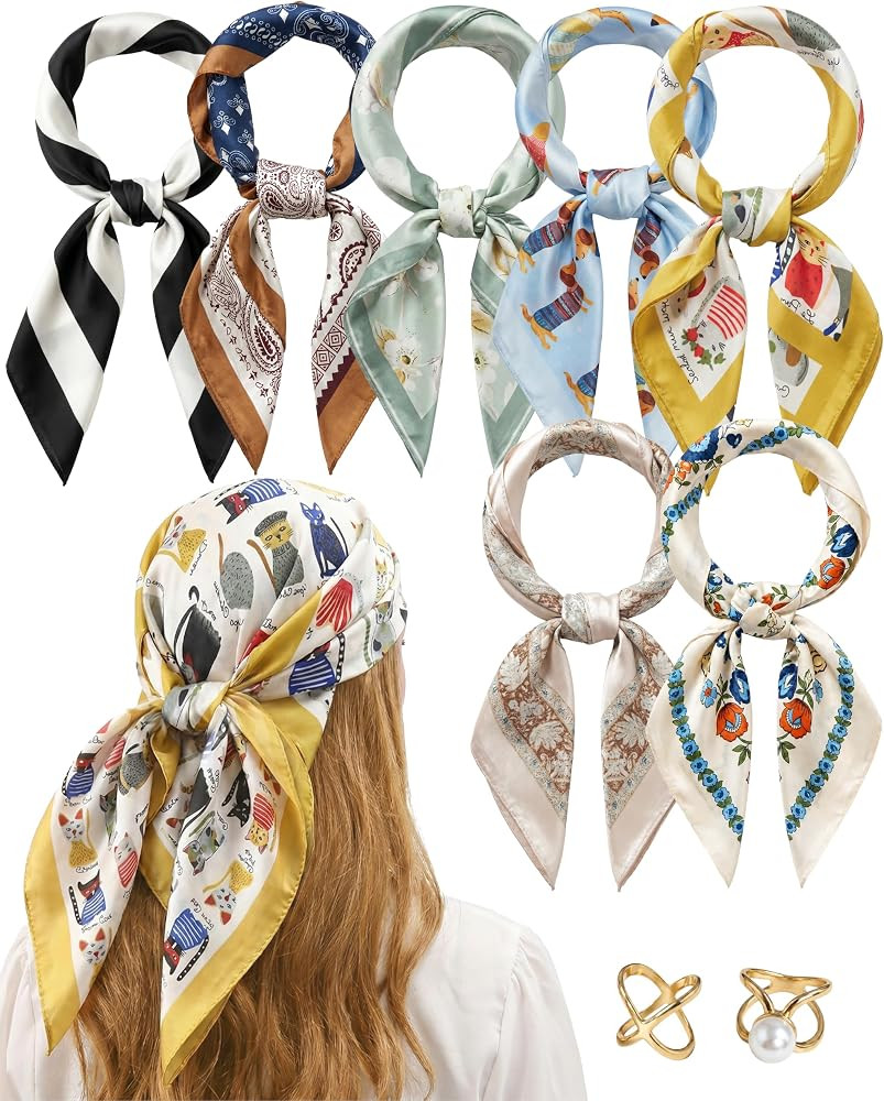 7 Pcs Silk Scarf Set for Women, 27.5'' Satin Square Scarves, 2 Rings | Amazon (US)