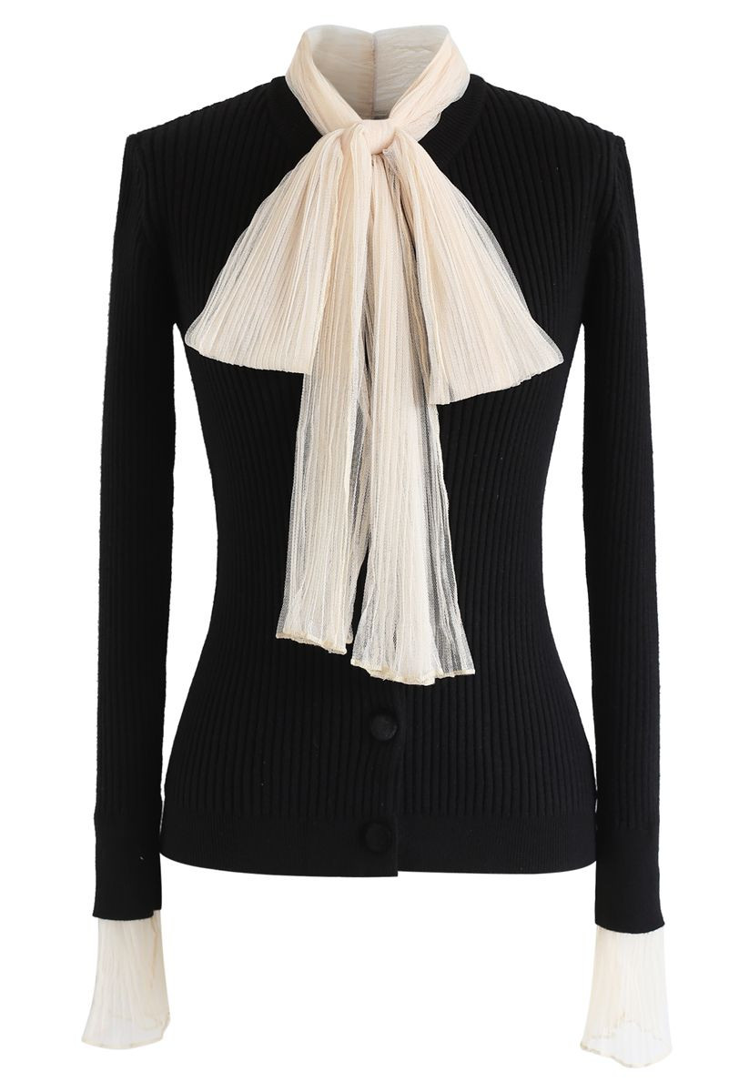 Mesh Bow Neck Long Sleeves Ribbed Knit Top | Chicwish