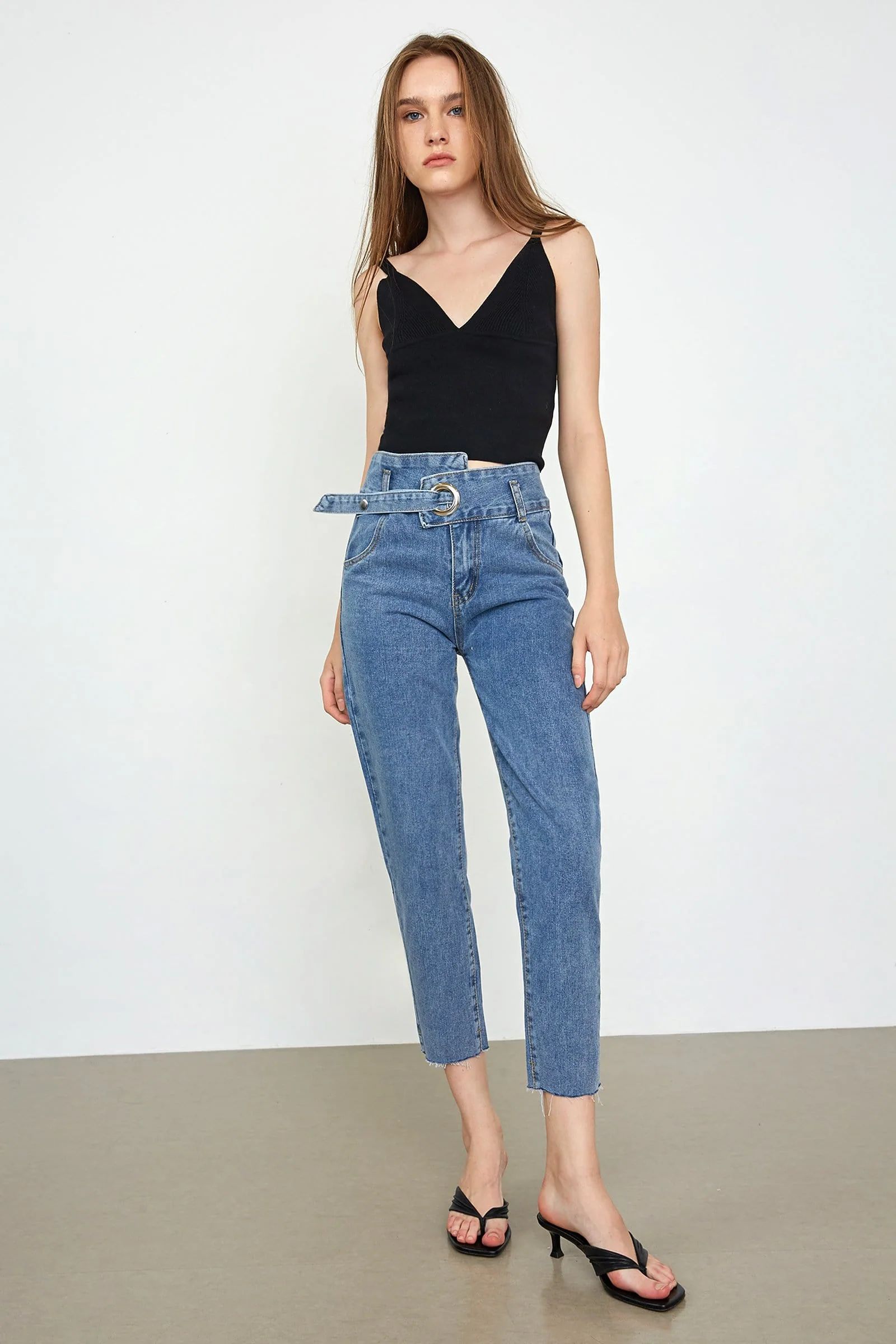 Anastacia Steel Blue Belted Jeans | J.ING