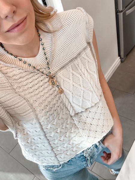 Sweater 
Sleeveless vest 
Jeans 
Necklace 

Spring outfits  
#ltkseasonal
#ltkover40
#ltku 
#LTKfindsunder100