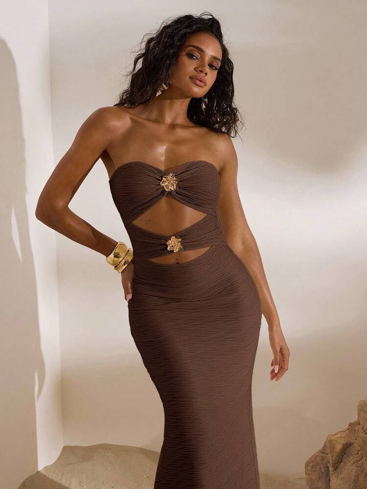 Opulessa Elegant Brown And Gold Mermaid Dress For Women,Summer Holiday Vacation Outfit,Strapless ... | SHEIN