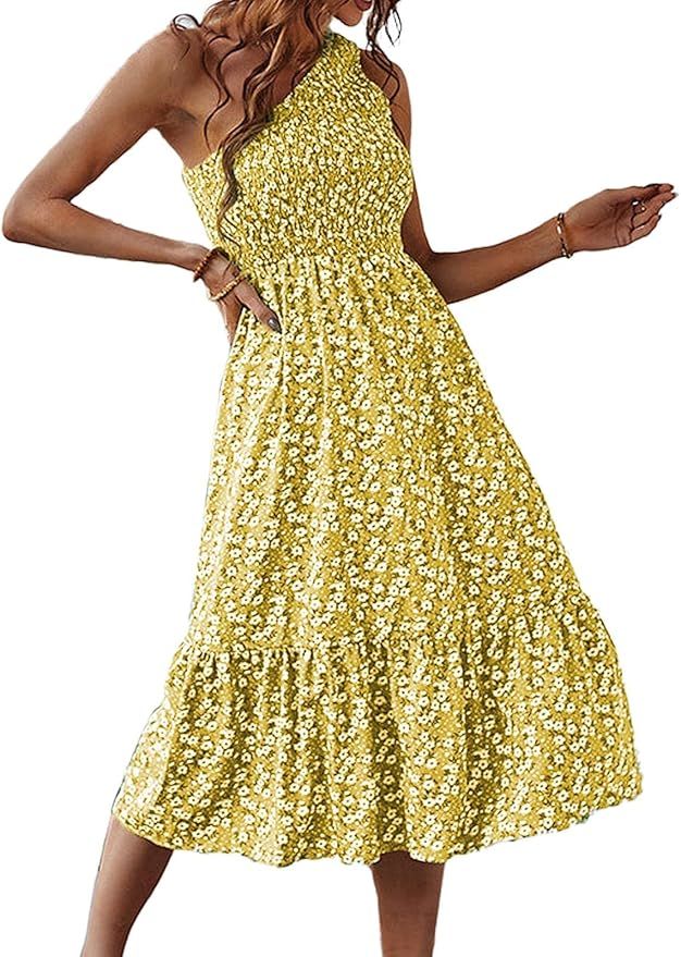 DEEP SELF Women Summer Boho Floral Print One Shoulder Sleeveless Maxi Dress Beach Flowy Swing Ruf... | Amazon (US)