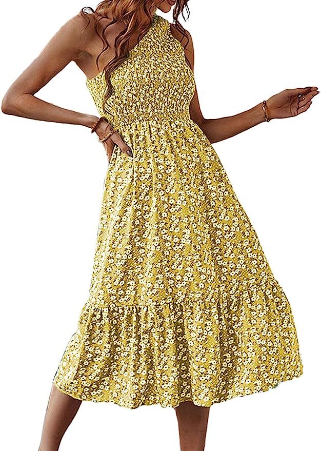 DEEP SELF Women Summer Boho Floral Print One Shoulder Sleeveless Maxi Dress Beach Flowy Swing Ruf... | Amazon (US)