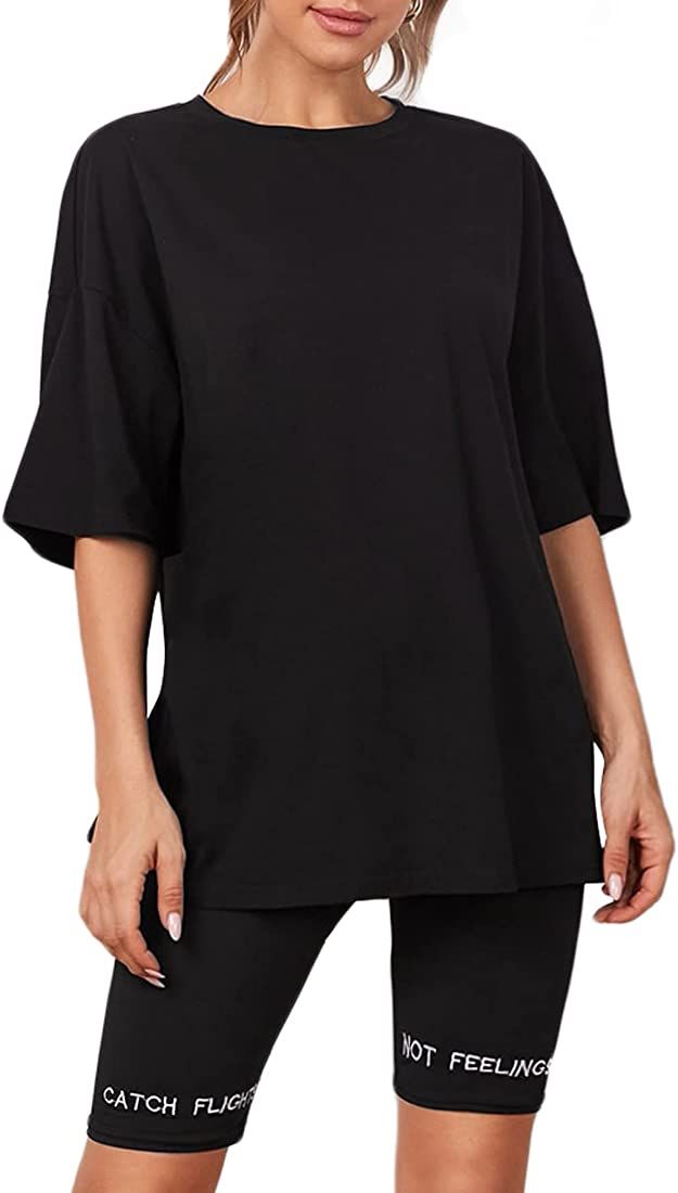 Verdusa Women's Casual Basic Round Neck Half Sleeve Oversized Tunic Tee Shirt | Amazon (US)
