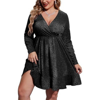 ZEAGOO Plus Size Womens Glitter Dress V Neck Long Sleeve Ruffle Hem Swing Club Cocktail Party Dresses Black 24W | Target