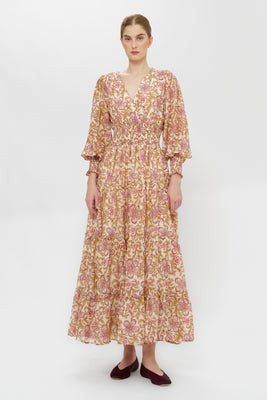V-Neck Smocked Waist Midi- Linz Plum | Oliphant Design