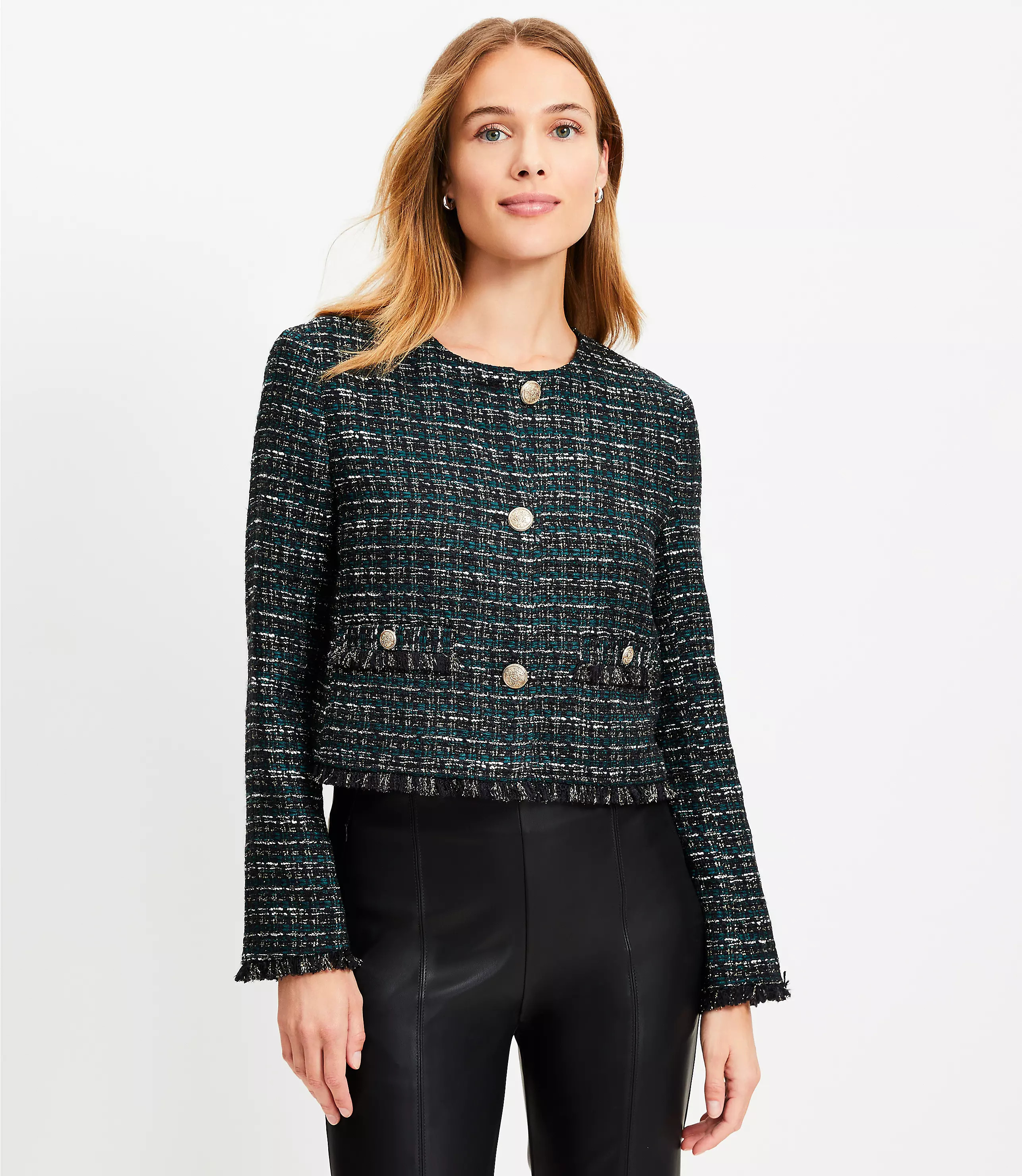 Metallic Tweed Collarless Jacket | LOFT