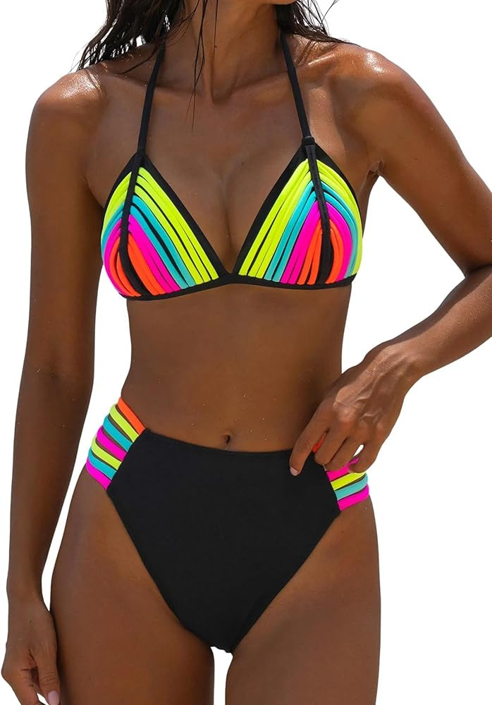 popvil Triangle Halter Bikini Sets for Women Neon Two Piece Sexy Cheeky Swimsuits High Cut String... | Amazon (US)
