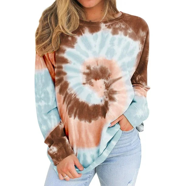 ZXZY Women Tie-Dyed Color Block Crew Neck Long Sleeves Top - Walmart.com | Walmart (US)