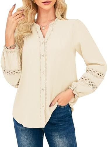 GRACE KARIN Women Dressy Casual Tops,Long Sleeve Button Down Ruffle Blouse,Work V Neck Shirt Summ... | Amazon (US)