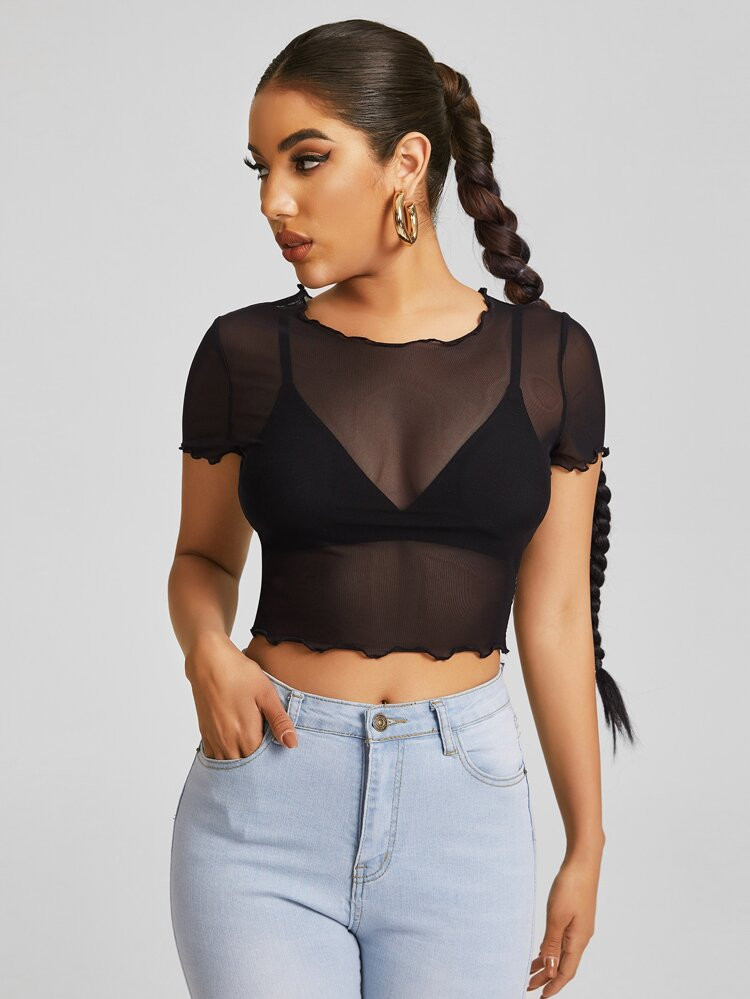 SHEIN BAE Lettuce Trim Sheer Mesh Crop Top Without Bra | SHEIN