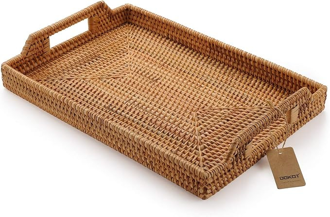 Hand-Woven Rattan Rectangular Serving Tray with Handles for Breakfast, Drinks, Snack for Coffee T... | Amazon (US)
