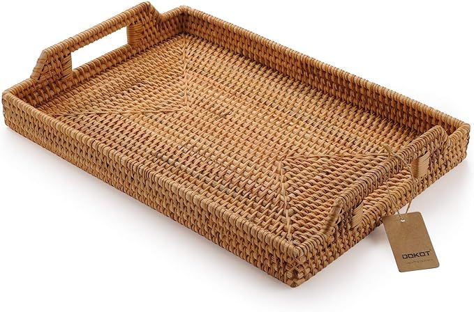 Hand-Woven Rattan Rectangular Serving Tray with Handles for Breakfast, Drinks, Snack for Coffee T... | Amazon (US)