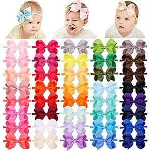 jollybows 40pcs 4inches Baby Girls Grosgrain Ribbon Hair Bows Headbands Nylon Elastic Hair Band H... | Amazon (US)