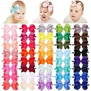 jollybows 40pcs 4inches Baby Girls Grosgrain Ribbon Hair Bows Headbands Nylon Elastic Hair Band H... | Amazon (US)