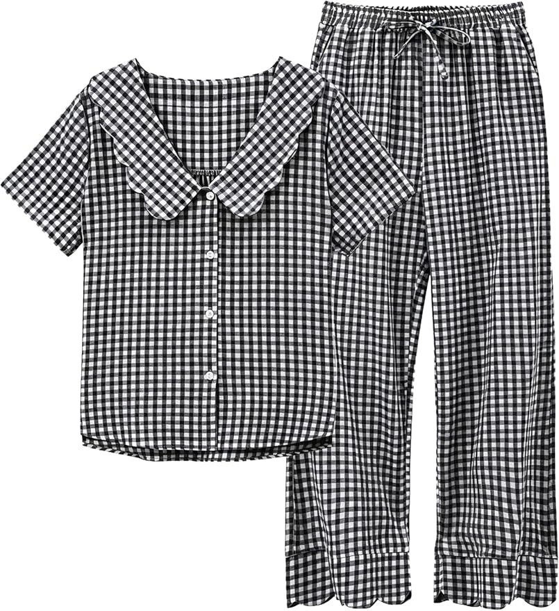 Amazon.com: Tanming Womens Gingham 2 Piece Pajamas Sets Puff Sleeve Babydoll Shirt Ruffle Pants P... | Amazon (US)