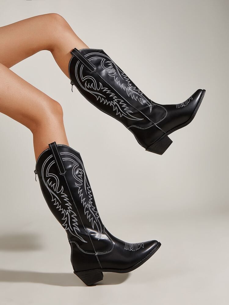 Graphic Pattern Chunky Heeled Western Boots | SHEIN