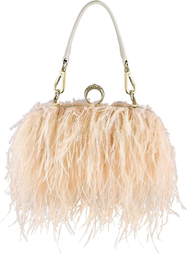 Women Ostrich Feather Tote Bag Fluffy Purse Clutch Feather Evening Handbag for Wedding Anniversary P | Amazon (US)