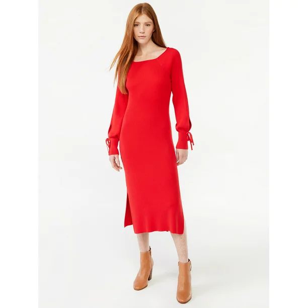 Free Assembly Women's Tie Back Sweater Midi Dress with Blouson Sleeves - Walmart.com | Walmart (US)