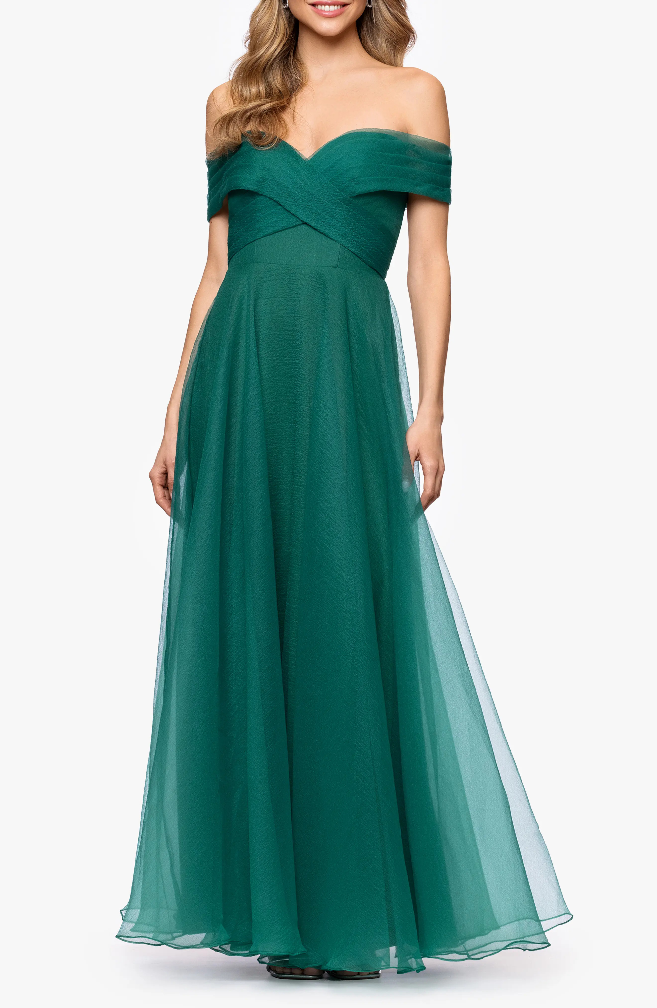 Betsy & Adam Off-the-Shoulder Tulle Gown in Green at Nordstrom, Size 8 | Nordstrom