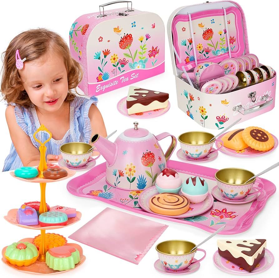 KMUYSL Tea Party Set for Little Girls, Kitchen Pretend Toy for Kids 3 4 5 6 Year Old, Girls Toys ... | Amazon (US)