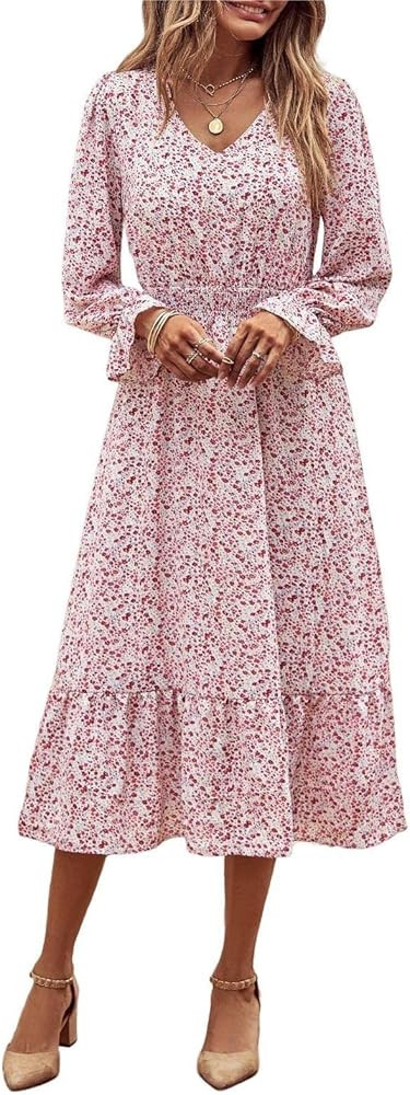 PRETTYGARDEN Women's Boho Long Sleeve V Neck Ruffle Midi Fall Dress Smocked Waist Casual Floral P... | Amazon (US)