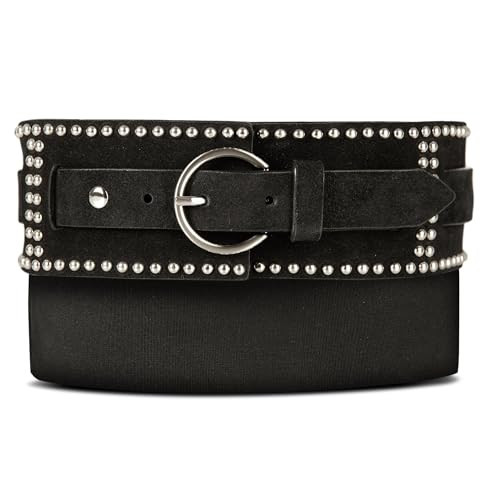 Lucky Brand Women's Studded Leather Belt | Stylish | Classic | Modern | Jeans | Pants | Skirt | Dress, Studded Suede Stretch - Black, Medium/Large | Amazon (US)
