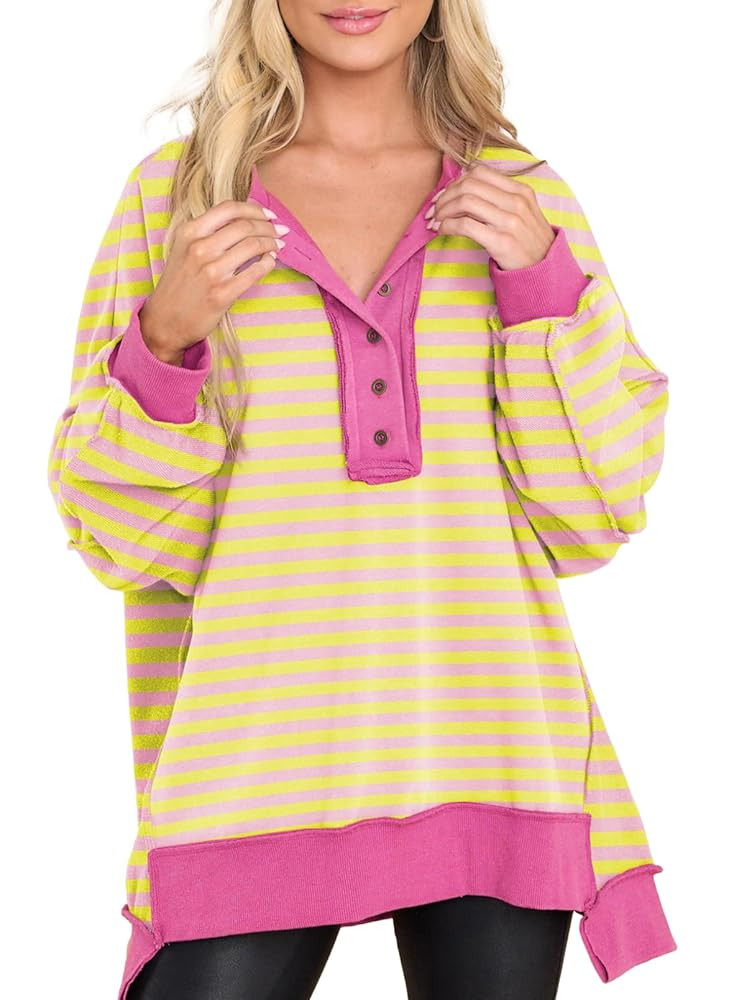 AlvaQ Women's Oversized Sweatshirt Casual Long Sleeve Button Henley Neck Pullover Tunic Tops Fash... | Amazon (US)