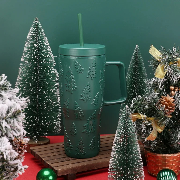 30 Ounce Green Acrylic Double Wall Embossed Christmas Trees Tumbler with Straw and Handle, by Hol... | Walmart (US)