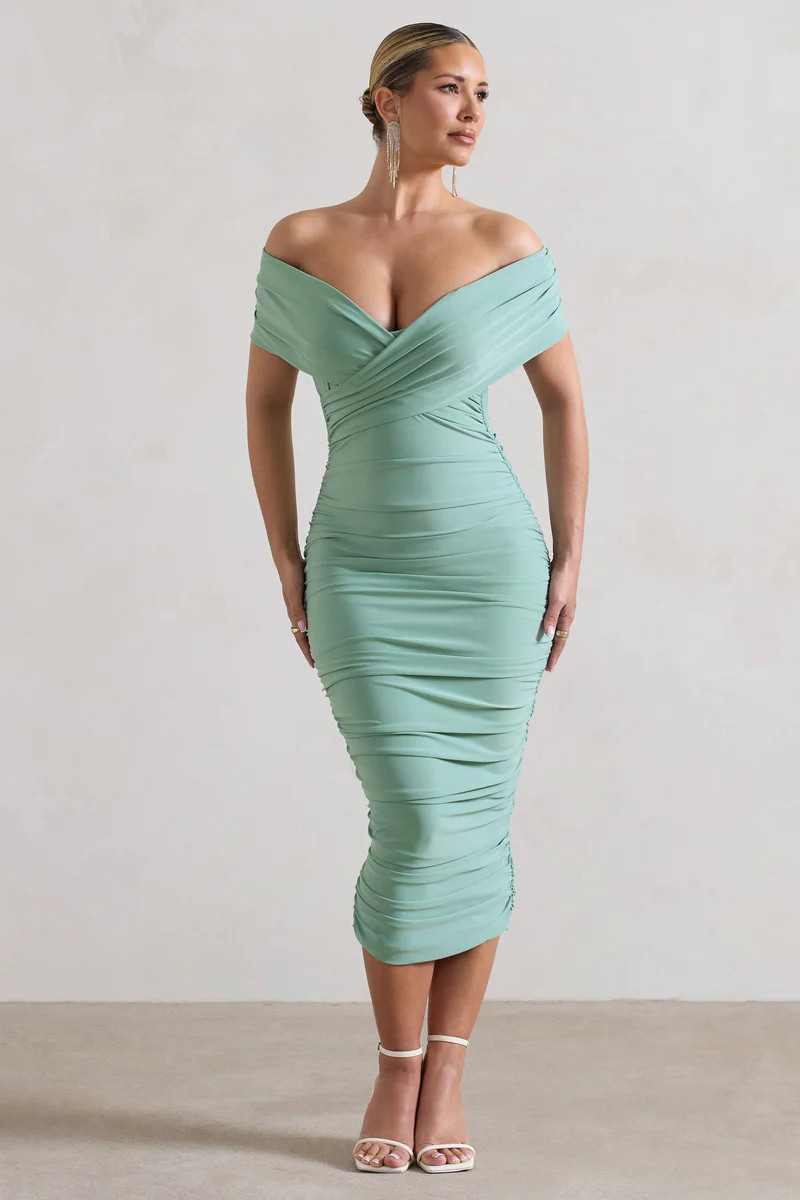 Unwrapped  Sage Ruched Twist Bardot Midi Dress | Club L London