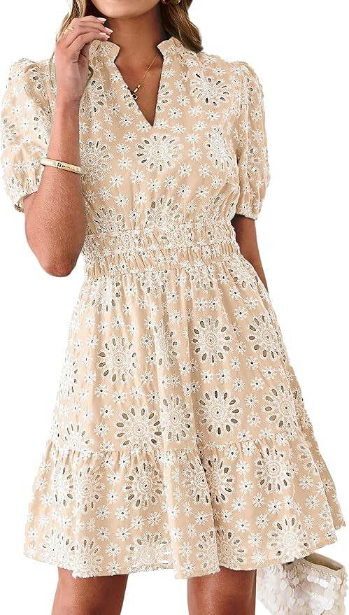 BerryGo Womens Summer Eyelet Mini Dress Beach Casual Embroidery Lace Puff Short Sleeve V Neck Boh... | Amazon (US)