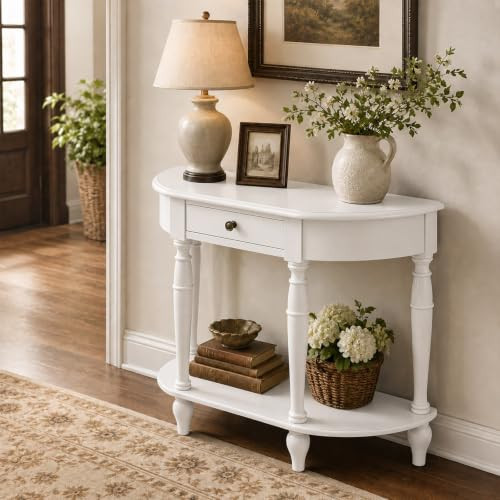 35.4" Solid Wood Half Moon Console Table with Drawer, White | Amazon (US)