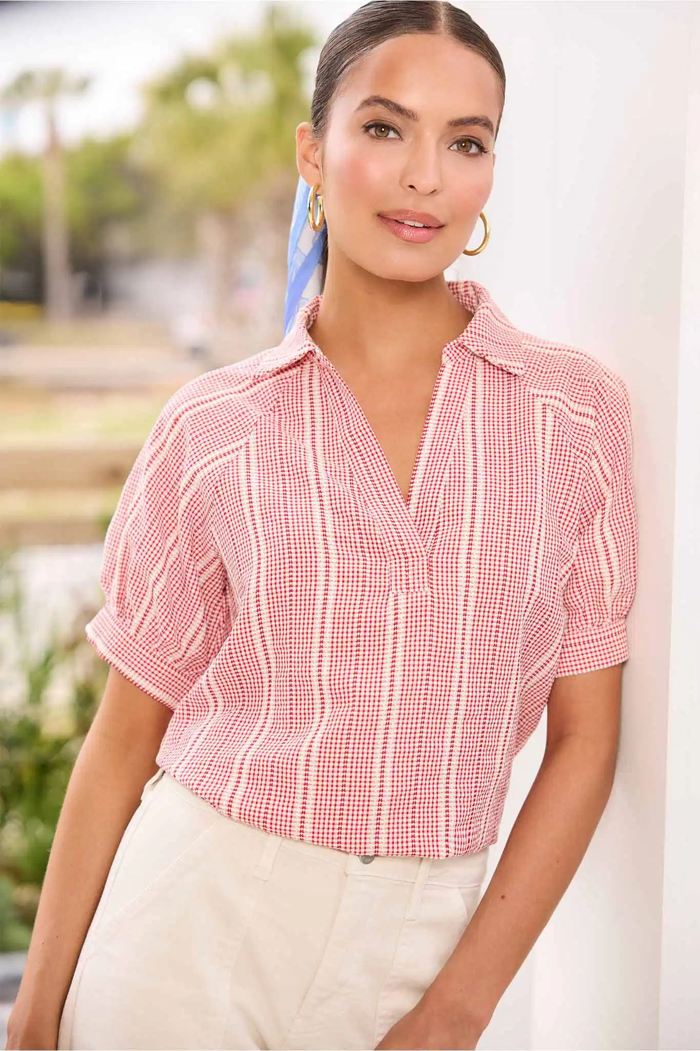 Sloane Red Striped Collared Top | Avara