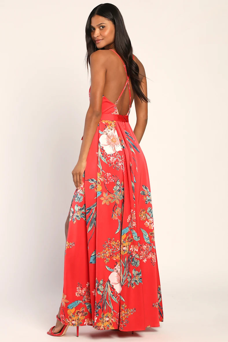 Still the One Red Floral Print Satin Maxi Dress | Lulus (US)