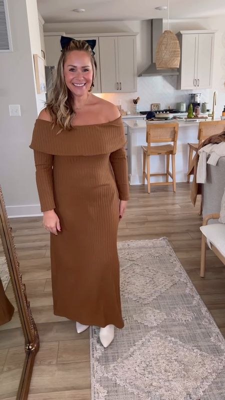 This midsize brown off the shoulder dress is a must-have this winter. Old Navy is currently taking an extra 35% OFF all items in your 🛒 – so don’t wait! I am wearing a size large - so flattering on my apple shape! Off the shoulder style created with a comfortable ribbed material. Available in an inclusive range of sizes, from XS to 4X, in tall, petite, or regular lengths. My snakeskin booties and white knee-high boots are both from Lulus.

#midsizestyle #size10influencer #petitedress #oldnavydress #oldnavy

#LTKmidsize #LTKHoliday #LTKfindsunder50