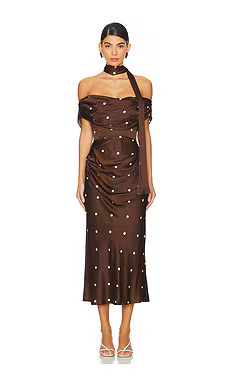LPA Luisa Midi Dress in Brown & Cream Dot from Revolve.com | Revolve Clothing (Global)