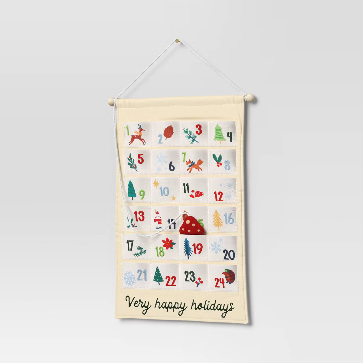 19.75" Fabric 'Very Happy Holidays' Hanging Christmas Advent Calendar with Mushroom Counter Ivory... | Target