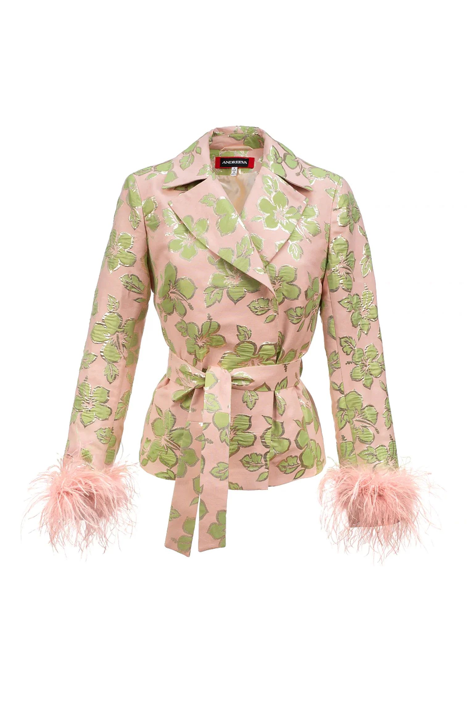 Andreeva Pink Jacquard Jacket №19 with detachable feather cuffs | Verishop