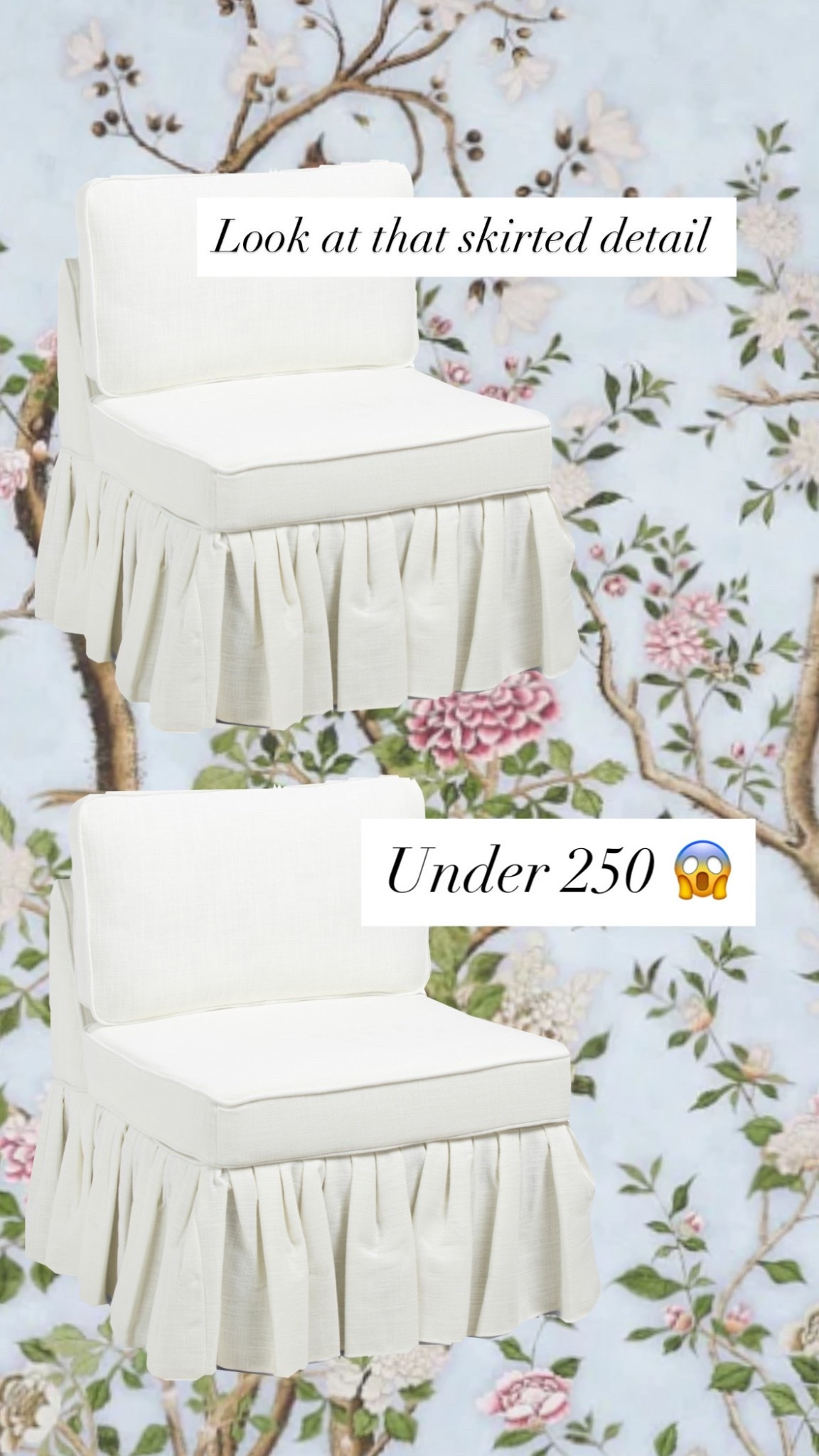 Skirted side chair 
Under $250 free shipping 
Classic
Traditional
Grand millennial 
Coastal 