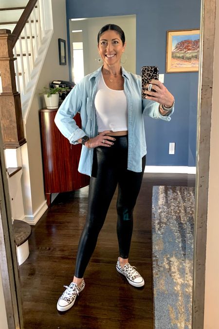 Weekend casual OOTD. Spanx faux leather leggings. Size up. Amazon cropped tank. Comes in pack of three. I’m wearing a medium. Denim button down. Size small. Leopard print converse. 

#LTKstyletip #LTKunder100 #LTKunder50