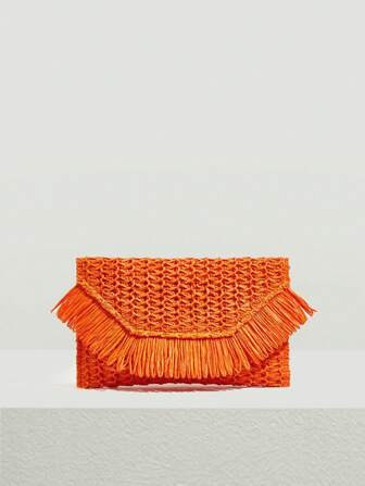 SHEIN SXY Elegant Ladies Flap Straw Bag Paper Fringe Decor,For Summer,Beach,Vacation,Holiday,Outd... | SHEIN
