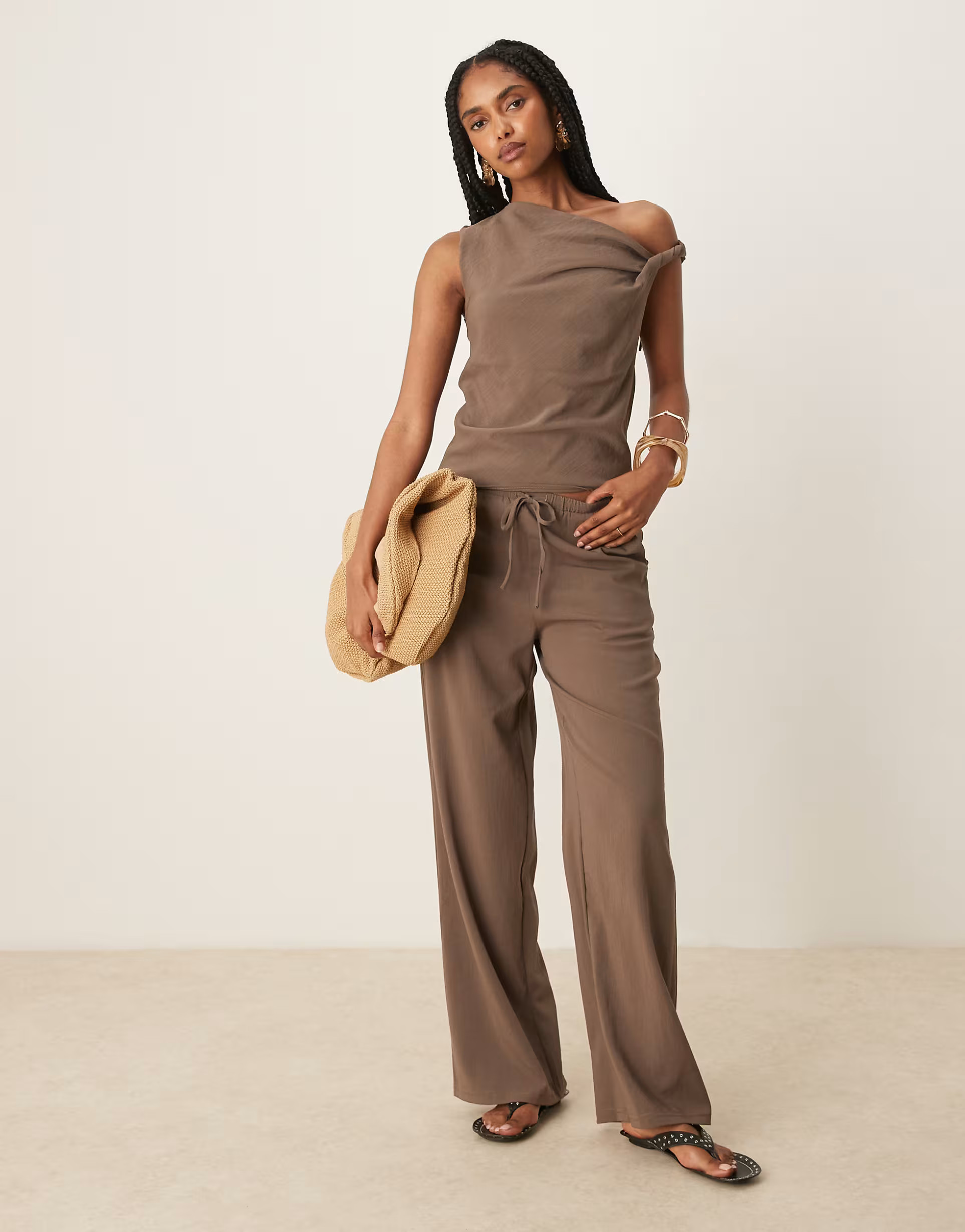 Mango polyamide straight leg tie waist trouser co-ord in brown | ASOS (Global)