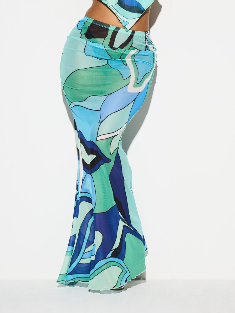 KIZN Abstract Swirl Print Mesh Sheer Maxi Skirt With Ruffle Hem Beach Coverup Summer Flowy Statement Piece | SHEIN