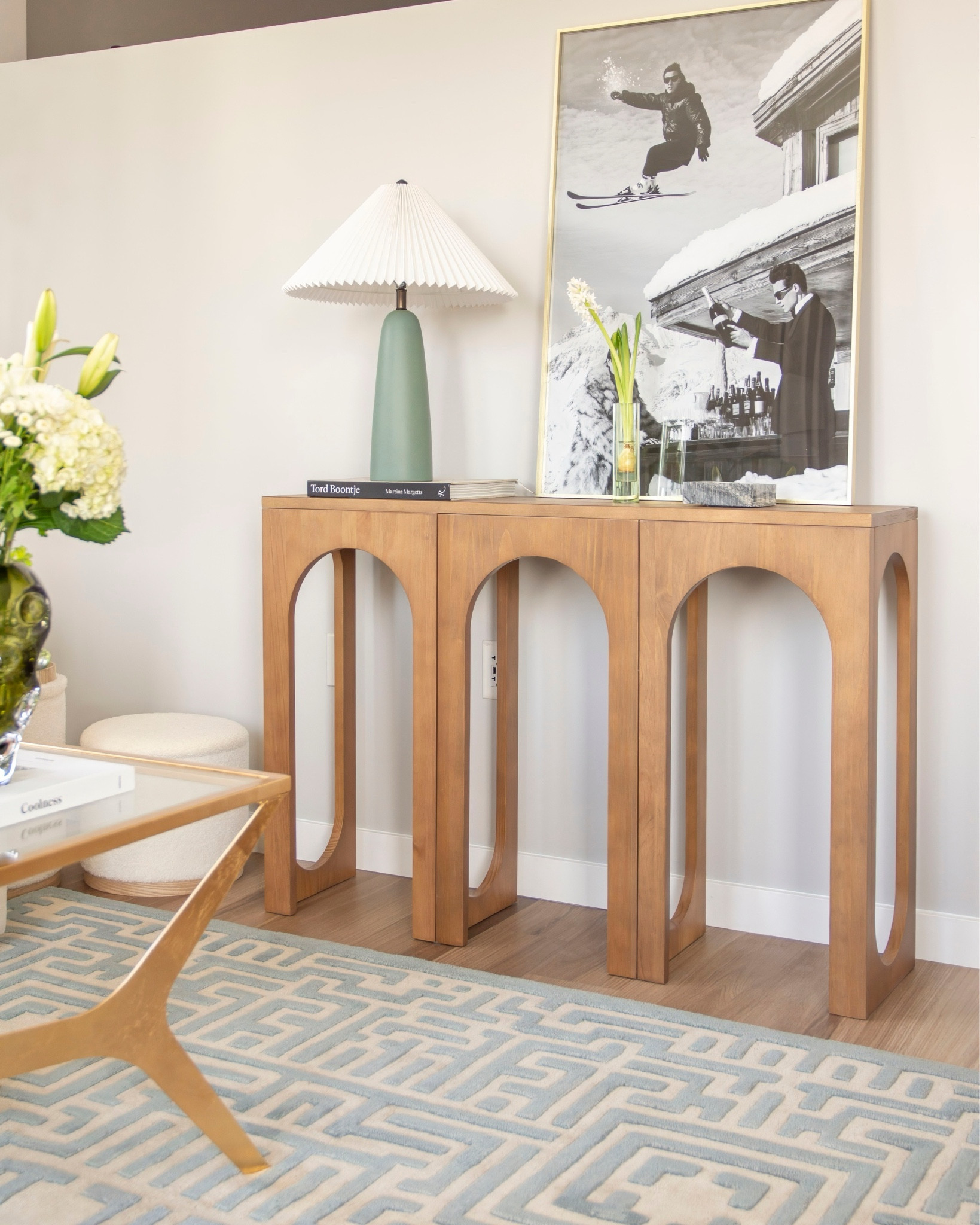 Living room console, arched console, green lamp with pleated shade, modern dining room table, affordable 60” table, modern dining chairs, boucle chairs, kitchen accessories, apartment interior design

#LTKHome