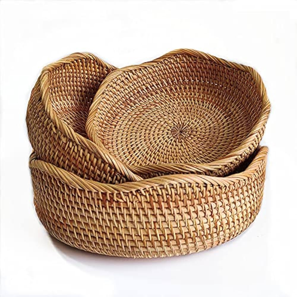 YANGQIHOME Rattan Bread Basket, Round Fruit Baskets, Wicker Storage Bowls, Natural Woven Serving ... | Amazon (US)