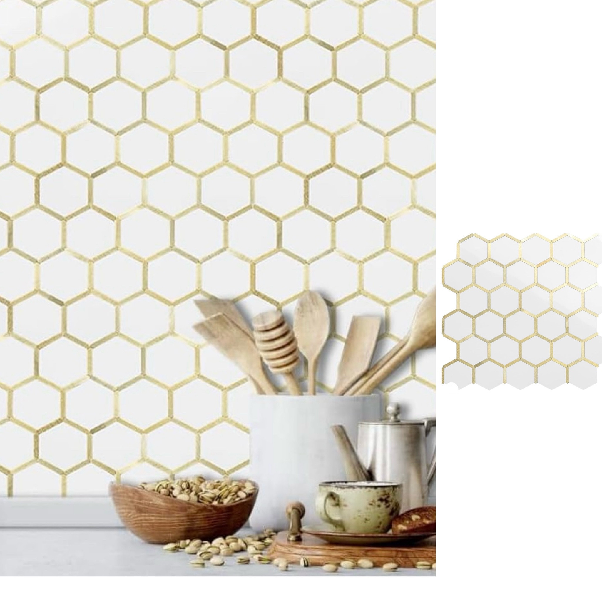 Hexagon Peel and Stick Backsplash Tile, Polished White Tile Look Mixed Light Gold. Love how this backsplash really brought everything together. We used the ceramic look white with the "light” gold.