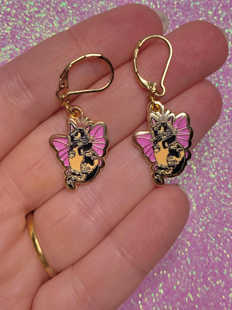 1 Mini Tortie Kitty Fairy With Pink Glitter Wings Gold Enamel Dangle Drop Earrings - Etsy | Etsy (US)
