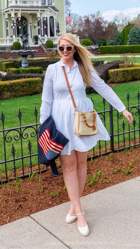 This white eyelet shirtdress is only $44.50 and great for nice spring days like today. Paired with neutral espadrille sandals, raffia & bamboo crossbody bag, and a vintage Americana flag sweater in navy.

#LTKfindsunder50 #LTKover40 #LTKsalealert